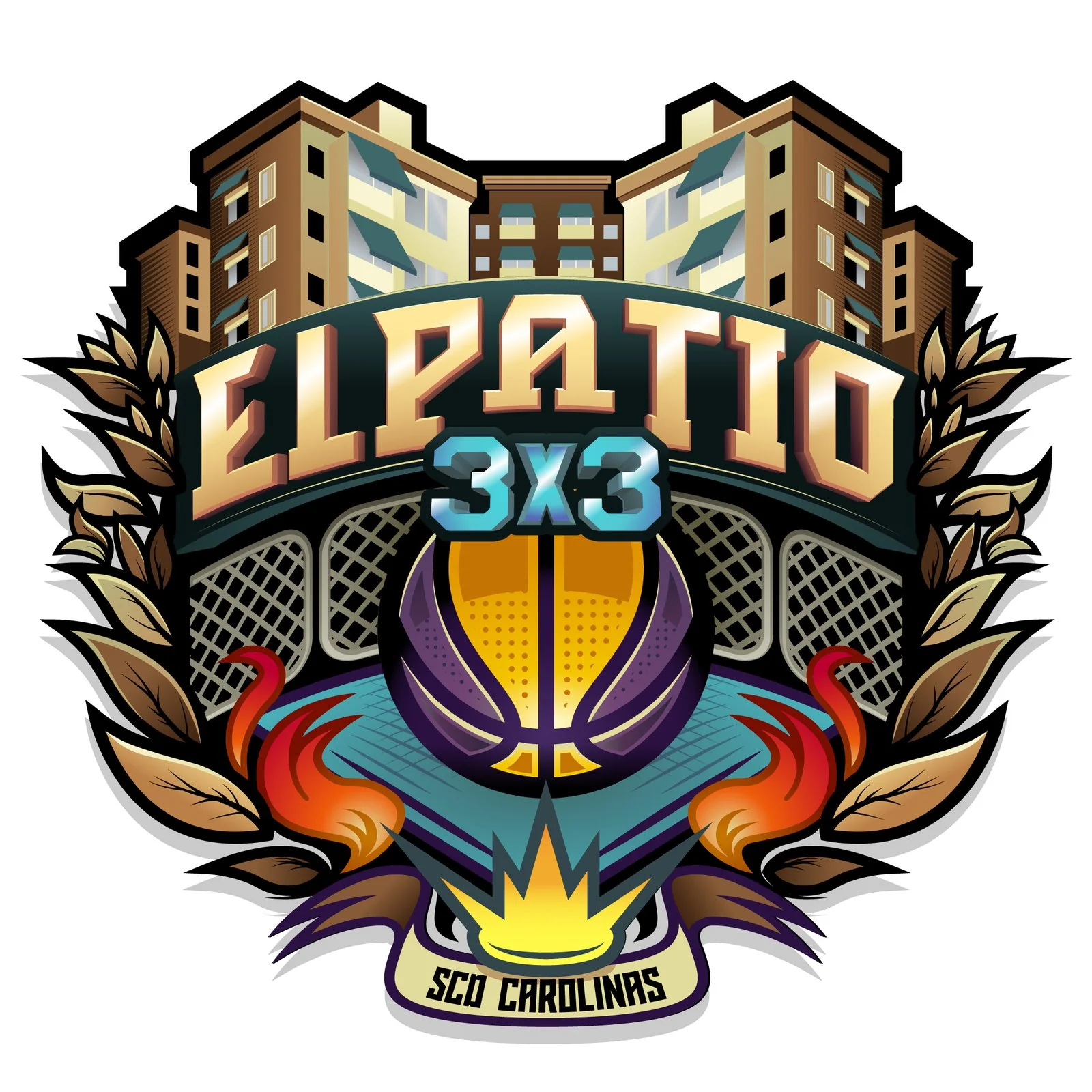 Emblema de El Patio 3x3 con balón morado y dorado