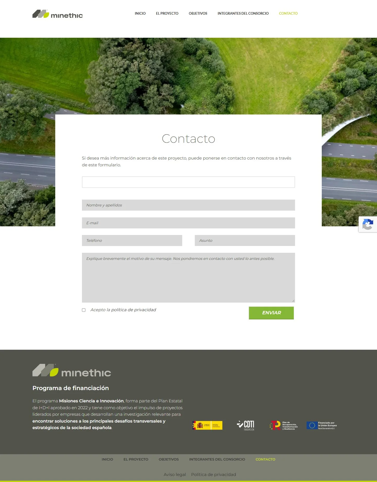 Página de contacto de Minethic, completa