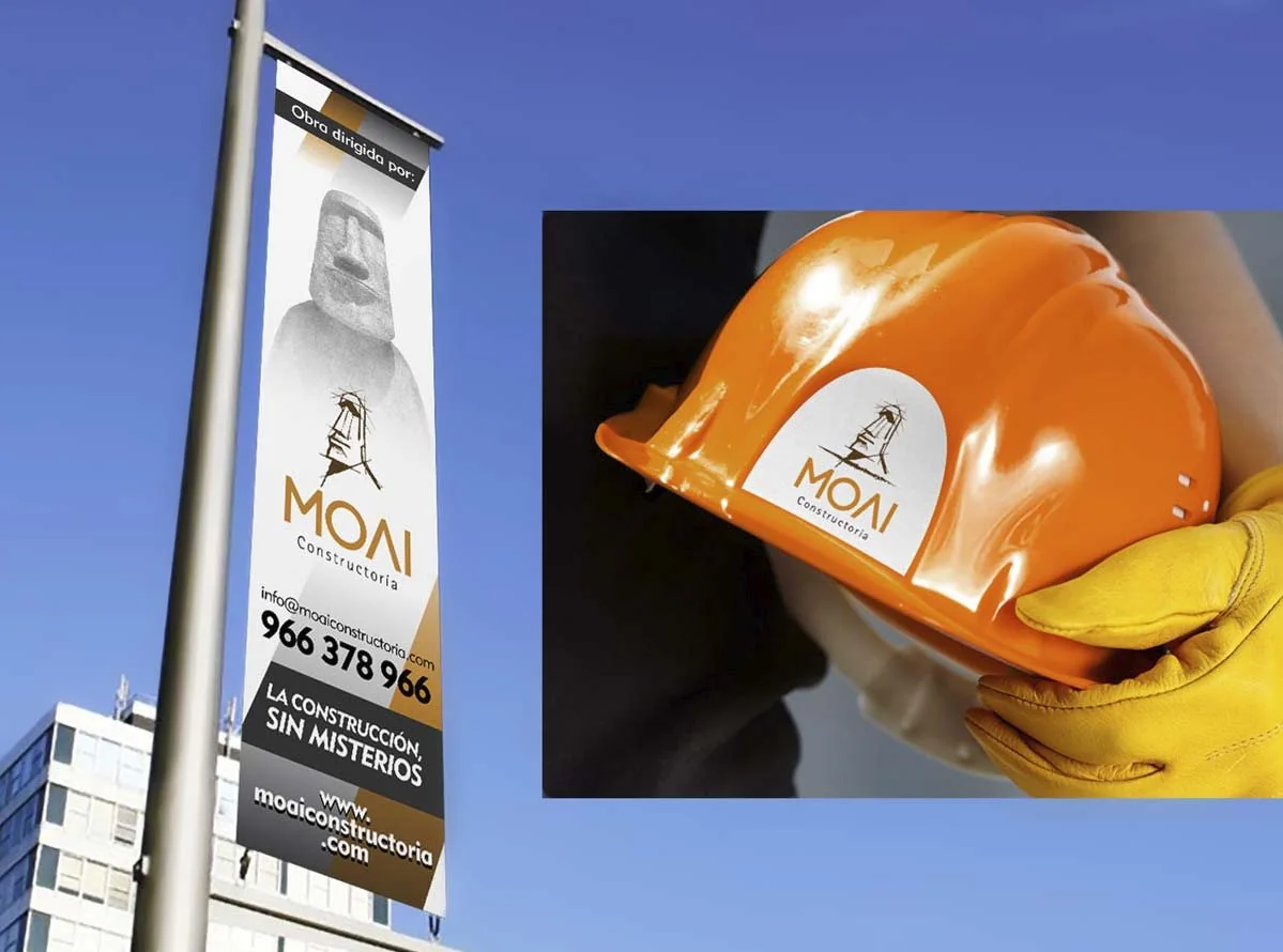 MOAI — banderola urbana y casco con el logotipo